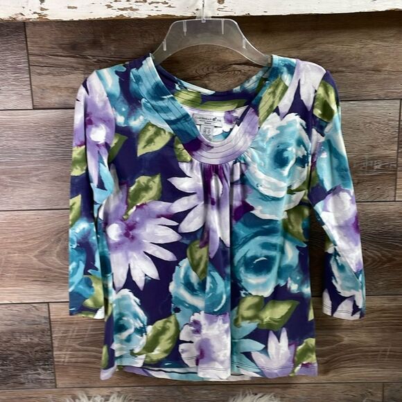Caribbean Joe Ladies VNeck Floral Top, Size Petite Small, Purple,Teal White - Picture 2 of 7